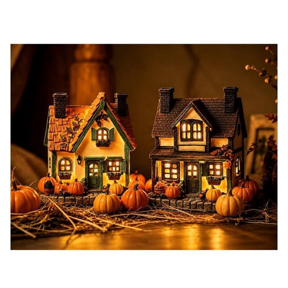 2 Pack Fall Harvest Lighted Resin Cottage Figurines, 7.5 Inch LED Light Up Pumpkin & Fruit Harvest House Set for Thanksgiving Autumn Tabletop Home Decor