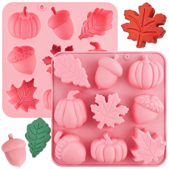 2 Pack Fall Harvest Silicone Mold Set, 2 Pack Pink Baking Molds with Pumpkin, Acorn, Maple Leaf Design