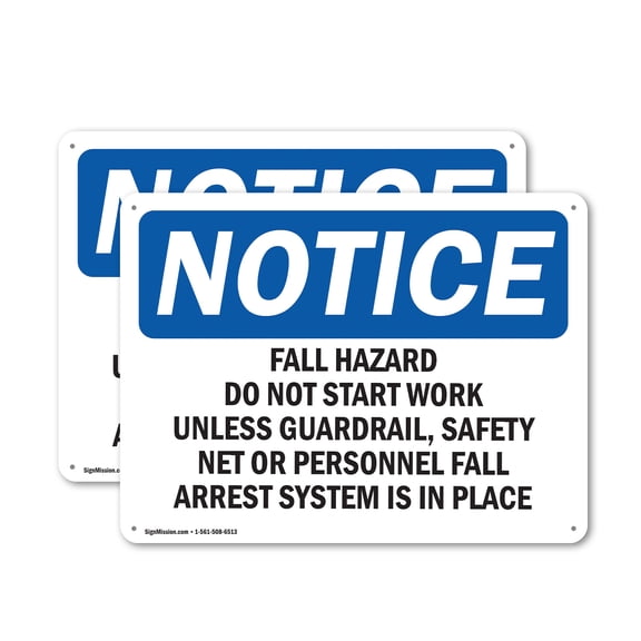 (2 Pack) Fall Hazard Do Not Start Work Unless Guardrail OSHA Notice Sign 18 Inch X 12 Inch Plastic Sign, Weather Resistant, UV Protected for Workplace, Business, and Construction Site,