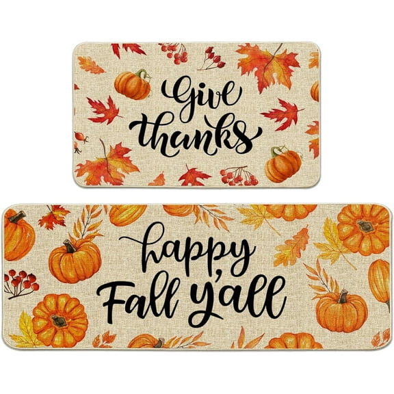 2 Pack Fall Kitchen Mats for Floor-Kitchen Rugs and Mats Non Skid Washable with Decor Pattern,2 Size of 17x29 and 17x47 Inch