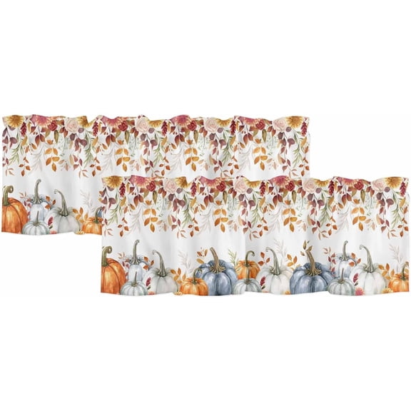 2 Pack Fall Kitchen Valances for Windows, Orange Blue Pumpkins Short Valance Curtains Rod Pocket Window Treatments Thanksgiving Watercolor Flower Leaf Valances for Living Room 54x18 Inch, 2 Panels