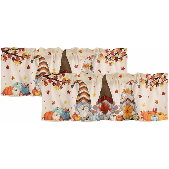 2 Pack Fall Kitchen Valances for Windows, Orange Pumpkins Short Valance Curtains Rod Pocket Window Treatments Thanksgiving Gnomes Autumn Maple Leaf Valances for Living Room 54x18 Inch, 2 Panels