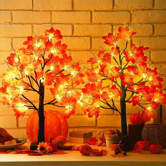 2 Pack Fall Lighted Maple Tree 48 LED Lights Thanksgiving Decoration Artificial Tree Lights 20 inch Battery or USB Powered DIY Table Light for Desktop Autumn Harvest Party Indoor Decor