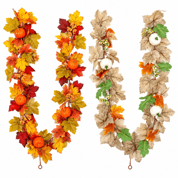 Fall Maple Leaf Garland with Pumpkins and Berries,2-Pack 11.5 Ft Autumn Harvest Thanksgiving Decor for Mantel,Fireplace,Porch and Home