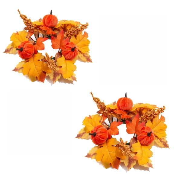 2 Pack Fall Maple Leaf Pumpkin Candle Ring with Golden Leaf Yellow Berry for Thanksgiving Harvest Home Table Decor