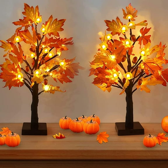 2 Pack Fall Maple Tree with 48 LEDs Battery Operated Light Up Artificial Pumpkins Maple Acorn Tree for Fall Thanksgiving Table Harvest Home Indoor Decoration
