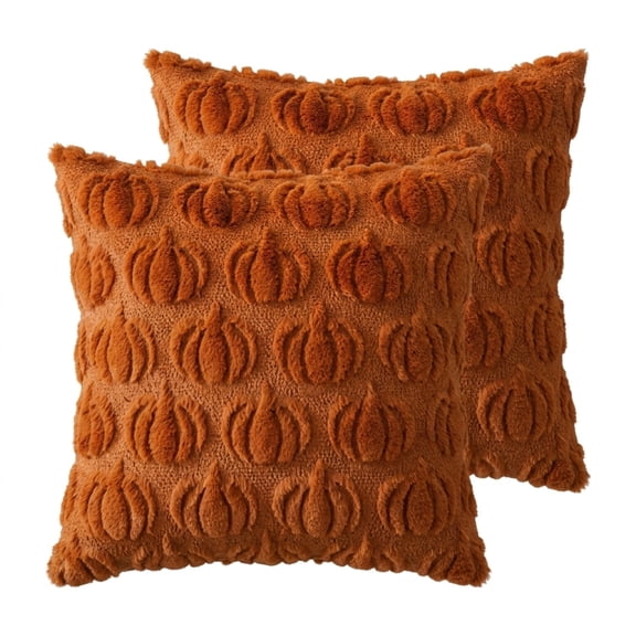 2 Pack Fall Pillow Covers, 18x18 Inch Rust Pumpkin Pillow Cases, Soft Faux Fur Wool Cushion Covers for Sofa Chair Home Autumn Decor