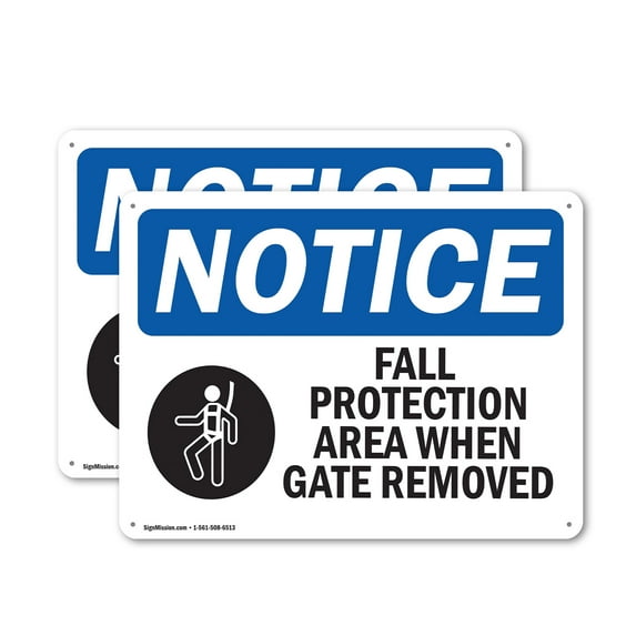 (2 Pack) Fall Protection Area When Gate Removed OSHA Notice Sign 24 Inch X 18 Inch Indoor / Outdoor Rust-Free Aluminum Metal Signs for Workplace, Workshop, and Construction Site, Made