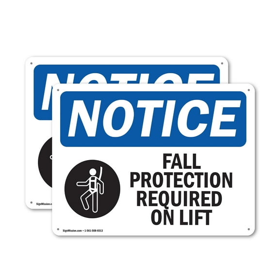 (2 Pack) Fall Protection Required On Lift OSHA Notice Sign 14 Inch X 10 Inch Plastic Sign, Weather Resistant, UV Protected for Workplace, Business, and Construction Site, Made in the