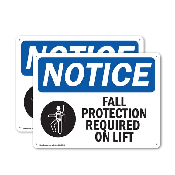 (2 Pack) Fall Protection Required On Lift OSHA Notice Sign 24 Inch X 18 Inch Plastic Sign, Weather Resistant, UV Protected for Workplace, Business, and Construction Site, Made in the