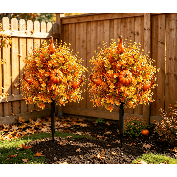 2 Pack Fall Pumpkin Floral Stake Artificial Topiary Tree 22 Inch Outdoor Ground Stakes UV Resistant Faux Autumn Plant for Porch Garden Halloween Thanksgiving Home Decor Essential