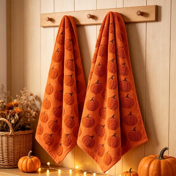 2 Pack Fall Pumpkin Kitchen Towel, Absorbent Decorative Hand Dish Towel, Seasonal Farmhouse Linen Tea Towel, Kitchen Decor for Counter Home Thanksgiving Halloween