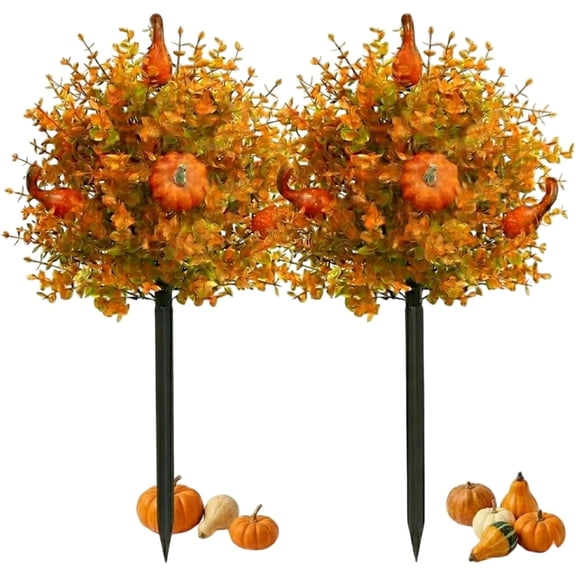 2 Pack Fall Pumpkin Topiary Trees with Stakes, 22 Inch (Orange) | Artificial pumpkin topiary stakes with orange eucalyptus leaves for porch, pathway, garden, Halloween and Thanksgiving decor