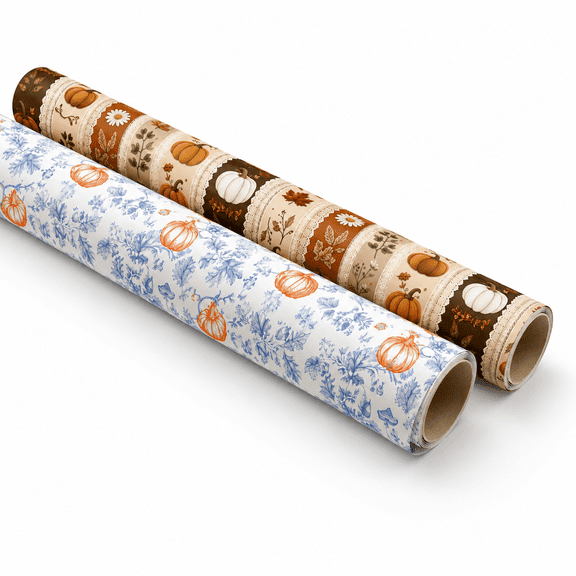 2 Pack Fall Thanksgiving Gift Wrapping Paper Rolls, Coated Paper, Autumn Pumpkin Printed Design