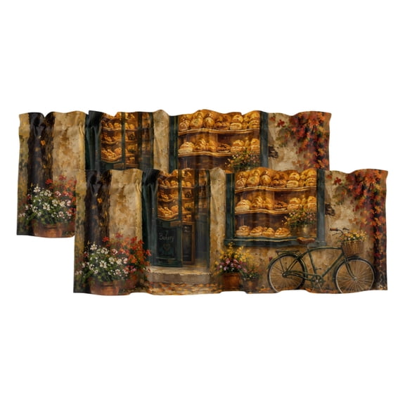 2 Pack Fall Village Valance for Window Vintage Orange Street Display Window Ivy Vine Leaf Kitchen Valance Rod Pocket Short Curtain Topper Decorative Window Treatment for Living Room Bedroom 54"x18"