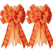 NOVOBEY 2 Pack Fall Wreath Gift Bow -19x10.7 inch Orange Buffalo Plaid Check Wreath Bow Swag Bow Thanksgiving Wreath Pre-Tied Bow for Fall, Thanksgiving, Christmas, Home Indoor Outdoor Ornaments