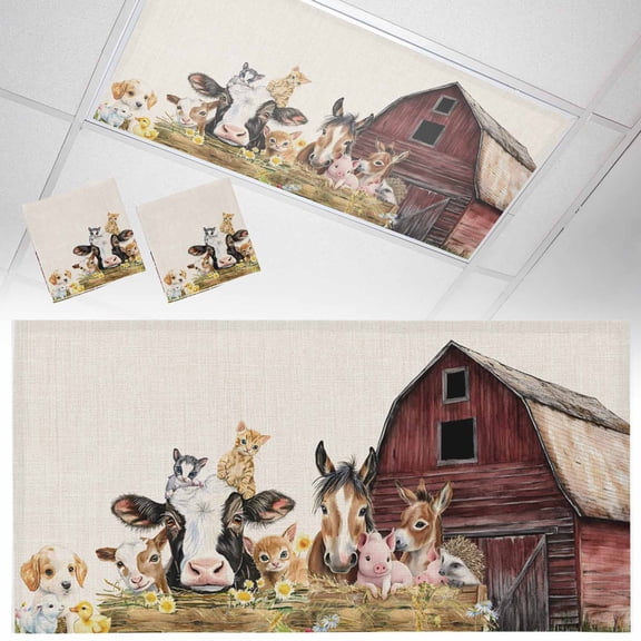 2 Pack Farm Fluorescent Light Covers for Ceiling Lights Barn Horse Sheep Cat Animal Country Retro Linen Background Magnetic Ceiling Light Covers Overhead Light Filters for Office Classroom Home