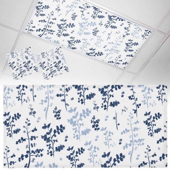 2 Pack Farm Navy Blue Leaves Fluorescent Light Covers for Ceiling Lights Country Style Leaf Botanical Floral Magnetic Ceiling Light Covers Overhead Light Filters for Office Classroom Home