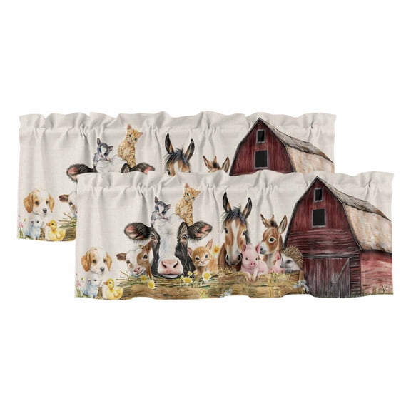 2 Pack Farm Valance for Window Barn Horse Sheep Cat Animal Country Retro Linen Background Kitchen Valance Rod Pocket Short Curtain Topper Decorative Window Treatment for Living Room Bedroom 42"x12"