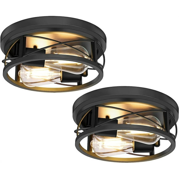 2 Pack Farmhouse 2-Light Flush Mount Ceiling Light Fixture Hallway Matte Black Outdoor Industrial Lights for Kitchen Bathroom