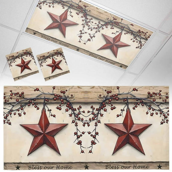 2 Pack Farmhouse American Fluorescent Light Covers for Ceiling Lights Country Star Berries Vintage Wood Grain Magnetic Ceiling Light Covers Overhead Light Filters for Office Classroom Home