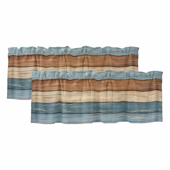 2 Pack Farmhouse Blue Brown Valances for Windows Bedroom Living Room Window Treatments, Vintage Wooden Striped Rod Pocket Valance Drapes Short Kitchen Curtains Over Sink 42"x18"