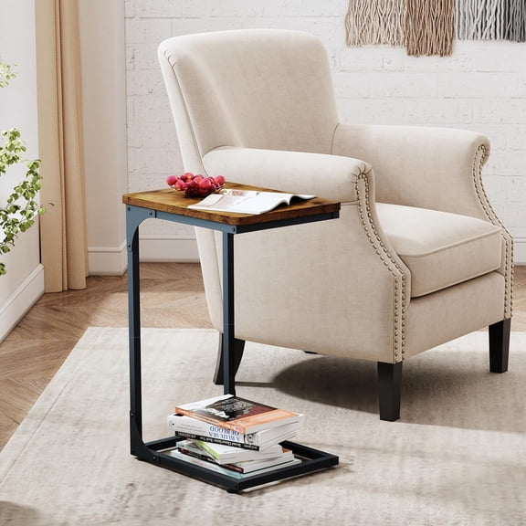 2 Pack Farmhouse C Table Side Table Rustic Brown Finish, Compact Design | All-Purpose | Practical for Living Room Couch Tray Use