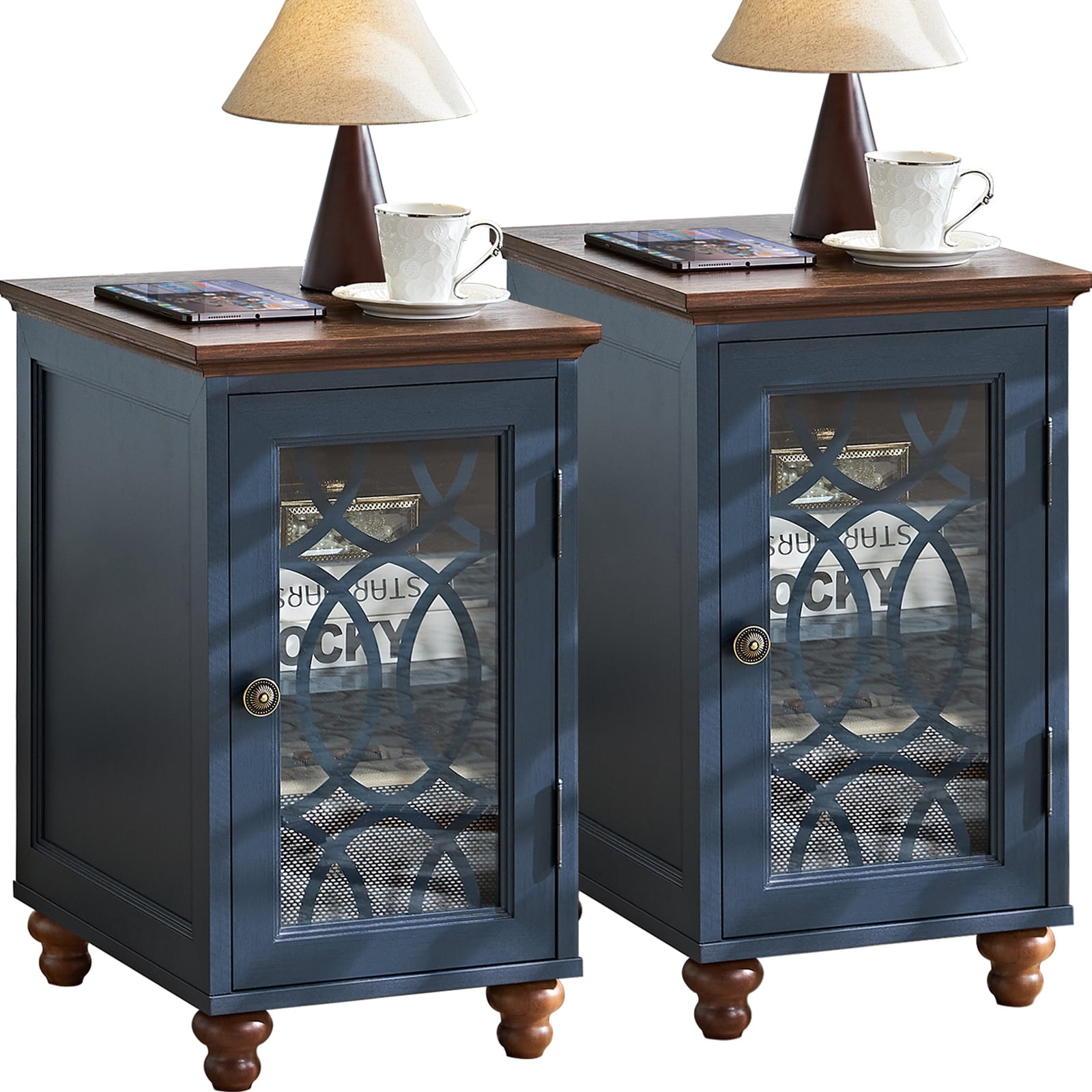 2 Pack Farmhouse End Table, Sofa Side Table with Storage Shelf and Door, Small Nightstand for for Living Room, Bedroom - Blue