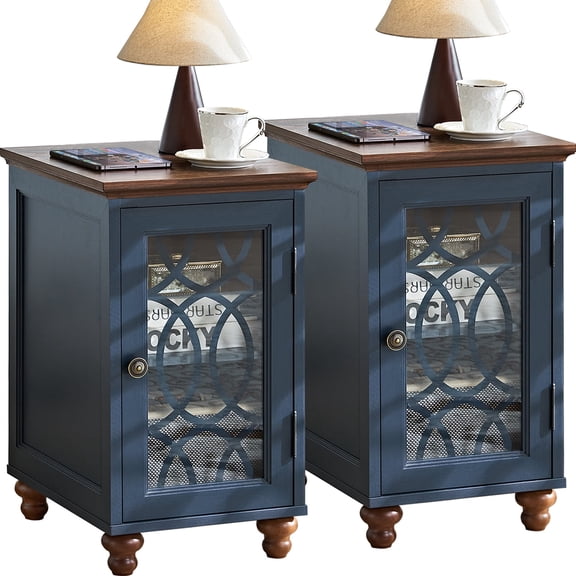2 Pack Farmhouse End Table, Sofa Side Table with Storage Shelf and Door, Small Nightstand for for Living Room, Bedroom - Blue