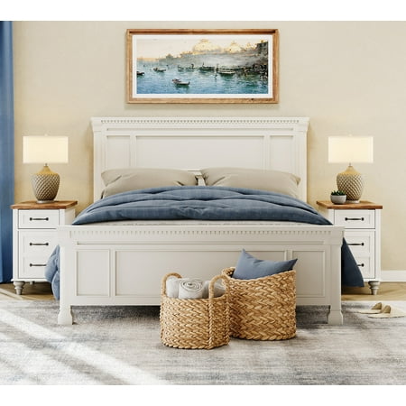 2 Pack Farmhouse Nightstand with Charging Station, End Table with Solid Wood Leg, Bedside Table with Storage Drawer&Power outlets USB Ports for Bedroom,Living Room,White