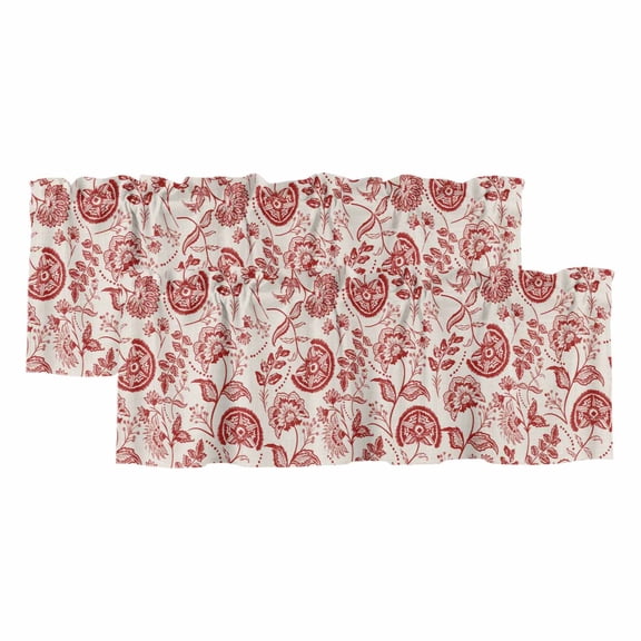 2 Pack Farmhouse Red Floral Valance for Window Linen Boho Flower Rustic Country Kitchen Valance Rod Pocket Short Curtain Topper Decorative Window Treatment for Living Room Bedroom 42"x12"