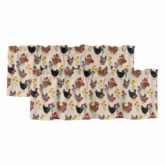 2 Pack Farmhouse Rooster Valances for Windows Bedroom Living Room Window Treatments, Vintage Watercolor Flowers Beige Rod Pocket Valance Drapes Short Kitchen Curtains Over Sink 54"x18"