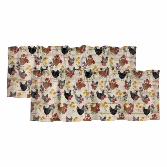 2 Pack Farmhouse Rooster Valances for Windows Bedroom Living Room Window Treatments, Vintage Watercolor Flowers Wood Grain Rod Pocket Valance Drapes Short Kitchen Curtains Over Sink 60"x18"