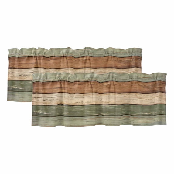 2 Pack Farmhouse Sage Green Brown Valances for Windows Bedroom Living Room Window Treatments, Vintage Wooden Striped Rod Pocket Valance Drapes Short Kitchen Curtains Over Sink 42"x12"