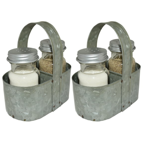 2 Pack Farmhouse Salt and Pepper Shakers with Caddy Sets - Rustic Vintage Style - Galvanized Steel