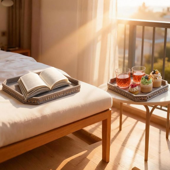2 Pack Farmhouse Wooden Ottoman Tray with Bead, 16" x 12" x 1.5" and 12" x 9" x 1" Rustic Wooden Decorative Serving Tray Set for Kitchen Counter Living Room Coffee Farmhouse Decor