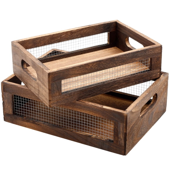 2Pack Farmhouse Wooden Storage Baskets, Nesting Countertop Organizer Boxes with Wire Mesh & Handles, Ventilated Decorative Crates for Kitchen & Home Storage