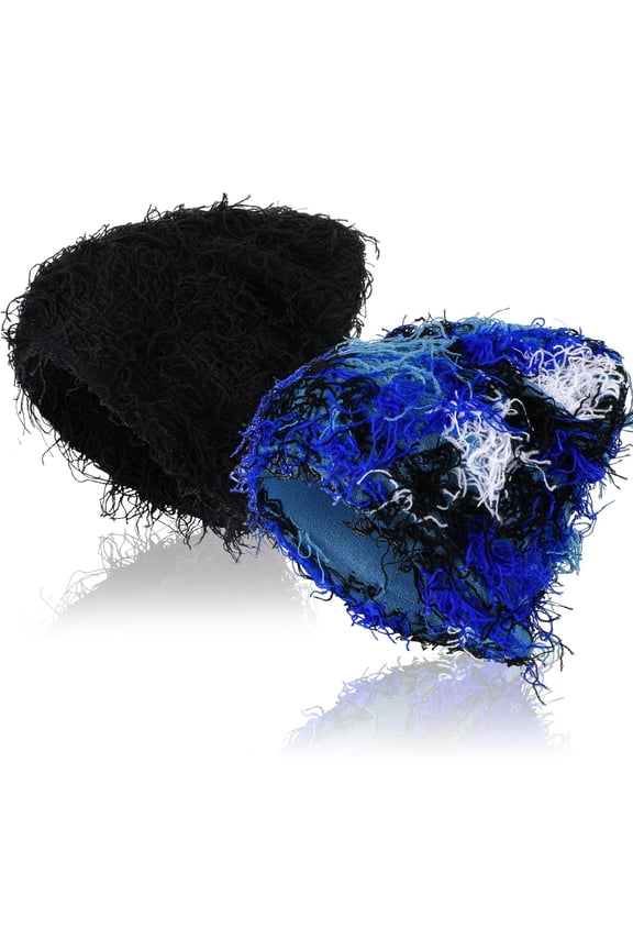 2 Pack Fashion Distressed Knitted Beanie Fuzzy Winter Cap Outdoor Warm Beanie Hat for Men Women