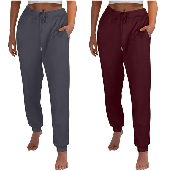 2 Pack Fashion Sweatpants For Women Casual Solid Color With Fleece Thickened Running And Sportswear Fitness Wine Jogger Sweatpants (L)