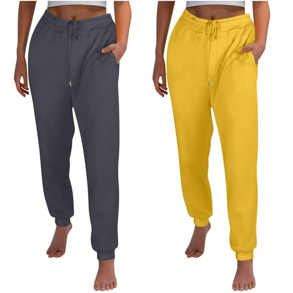 2 Pack Fashion Sweatpants For Women Casual Solid Color With Fleece Thickened Running And Sportswear Fitness Yellow Jogger Sweatpants (S)