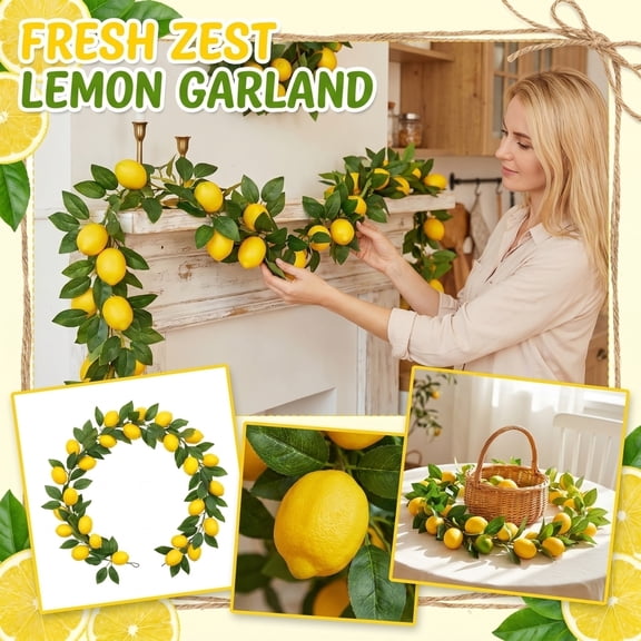 2 Pack Faux Lemon Garland, Realistic Yellow Artificial Lemon Vine with Green Leaves for Wedding, Bridal Shower & Summer Party Decorations