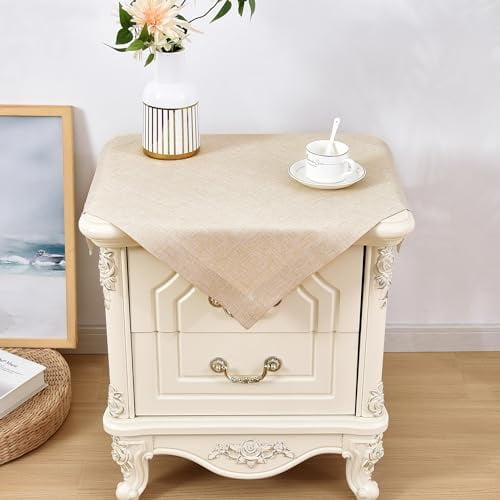 2 Pack Faux Linen Small Square Tablecloth Heavy Duty Fabric Nightstand Table Cloths 24 x 24 Inch Beige Farmhouse Rustic End Table Cover for Dining Bedroom Tabletop Decoration