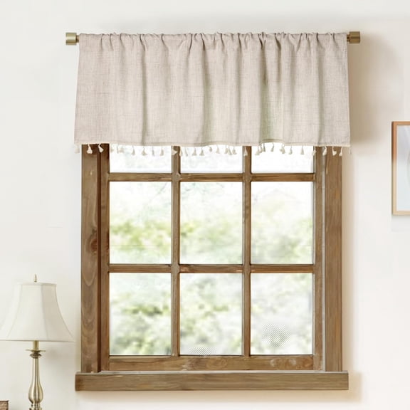 2 Pack Faux Linen Tassel Kitchen Valances for Windows Modern Farmhouse Neutral Valance Curtains Topper Country Rustic Bathroom Small Window Treatment Boho Decor (54x15 inch, Natural)