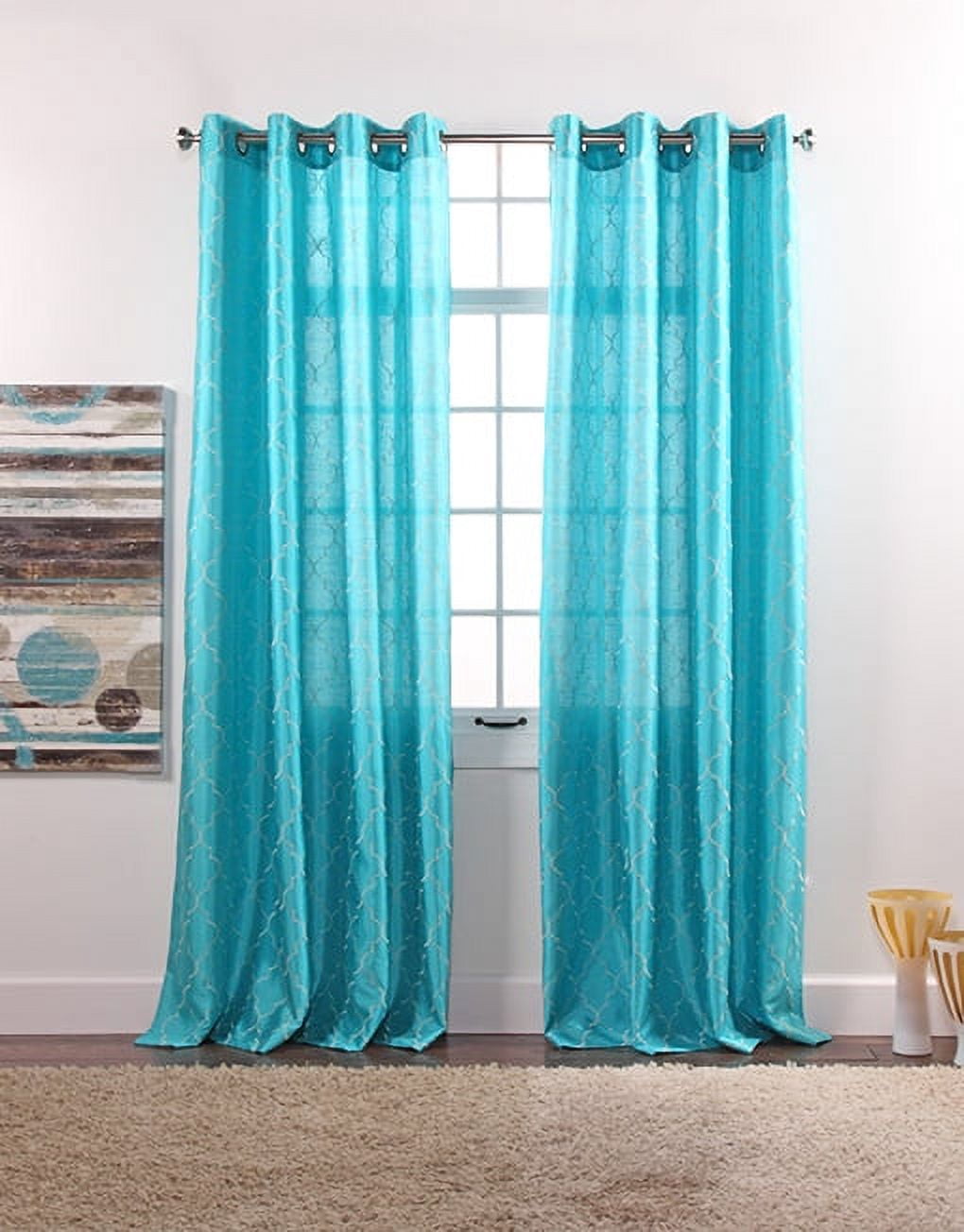 2 Pack Faux Silk Trellis Grommet Curtain Panels Turquoise