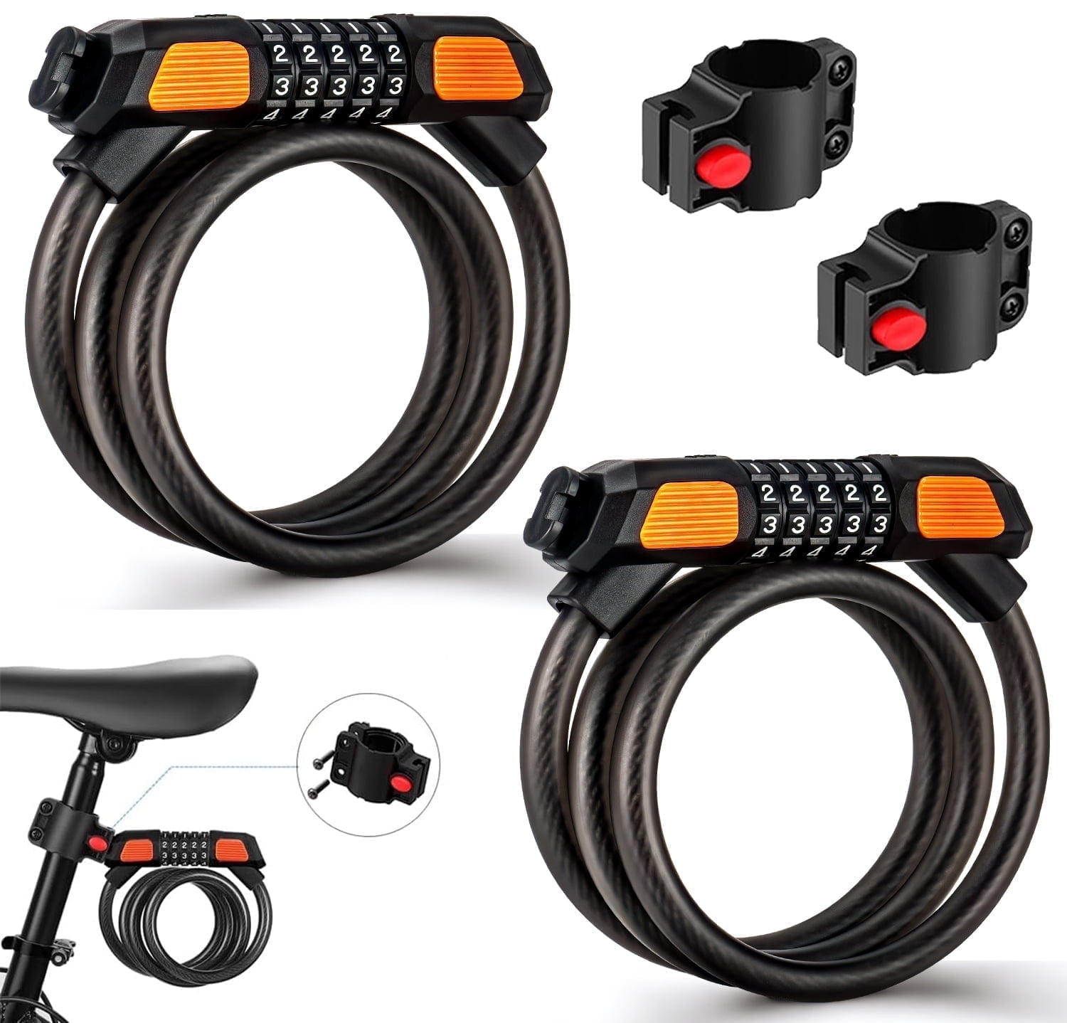 (2 Pack) Fenxyo Bike Locks High Security Bicycle Cable Lock 120cm/12mm, 5-Digit Waterproof Resettable Combination Chain Locks for Bike Cycling, Moto, Door, Orange