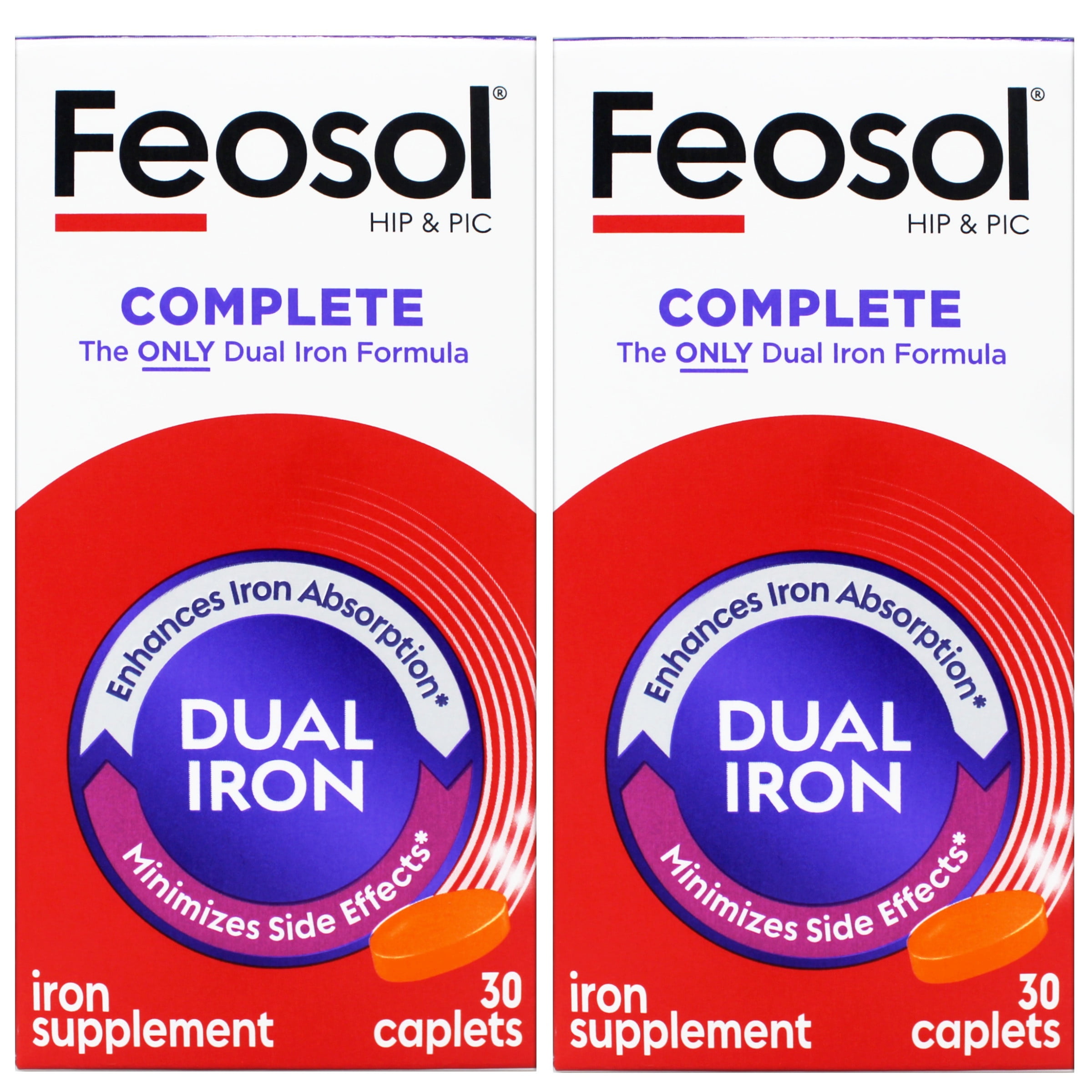 2 Pack Feosol Complete Bifera HIP & PIC Iron Supplement 30 Caplets Each