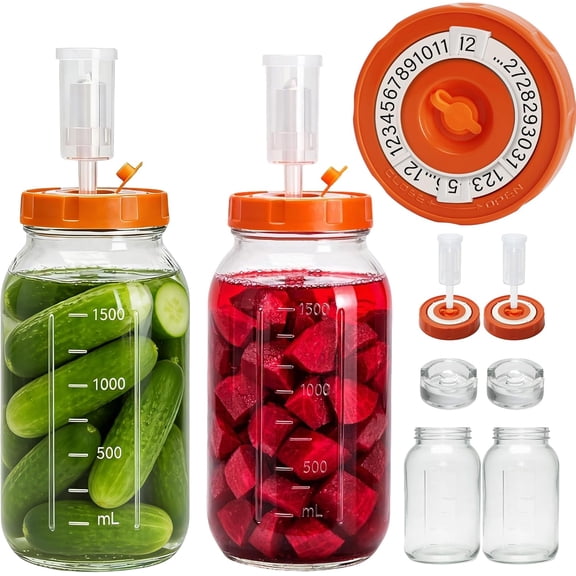 2 Pack Fermentation Kit with 64oz Glass Jars Airlocks, Seal Lids Fermenting Weights for Pickling Sauerkraut Easy Storage