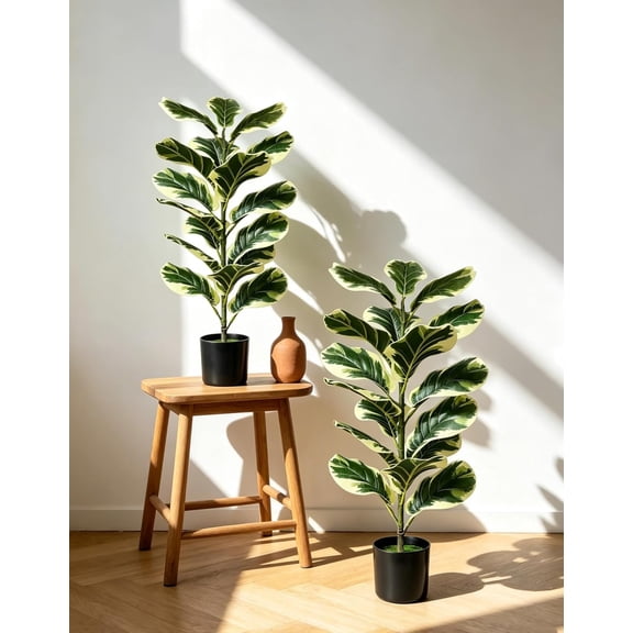 2 Pack Fiddle Leaf Fig Tree, 30'' Fake Tree in Pots with Green Artificial Turf, Floor Plants Indoor for Spring Home Porch Bathroom Living Room Office Patio Windowsill Decor (Variegated)