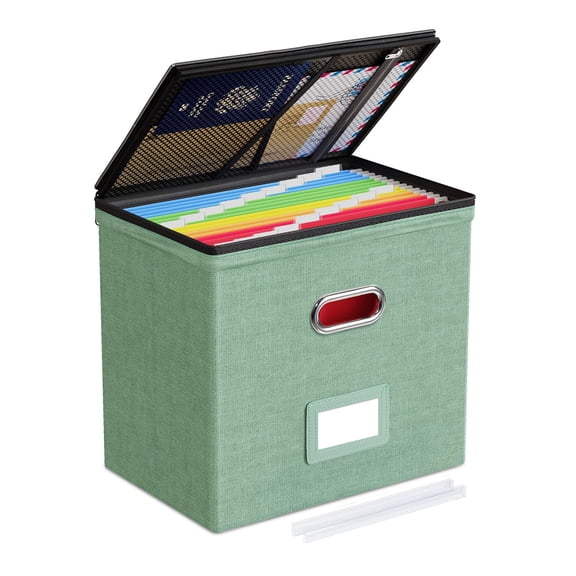 2 Pack File Organizer Boxes with Lids, File Box with Mesh Pockets, Document Organizer Box for File Folders Letter Size, Zippers Filing Box for Home, Office, School (Green, Without Folders)
