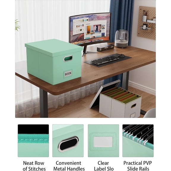 2 Pack File Storage Organizer Box,Portable File Box with Lid,Fit for Letter/Legal File Folder Storage, Mint-green(Leather)
